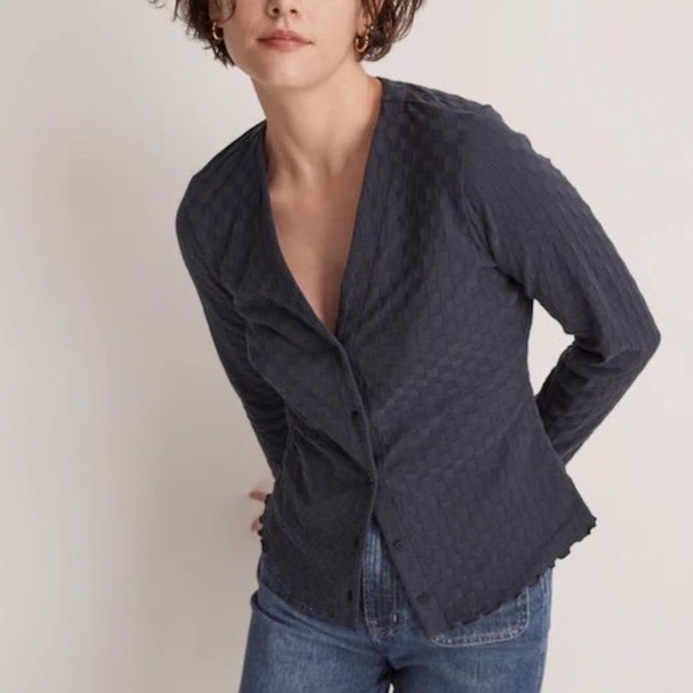 Madewell Womens Navy Checkerboard Jacquard V-Neck Lettuce Edge Cardigan Size L